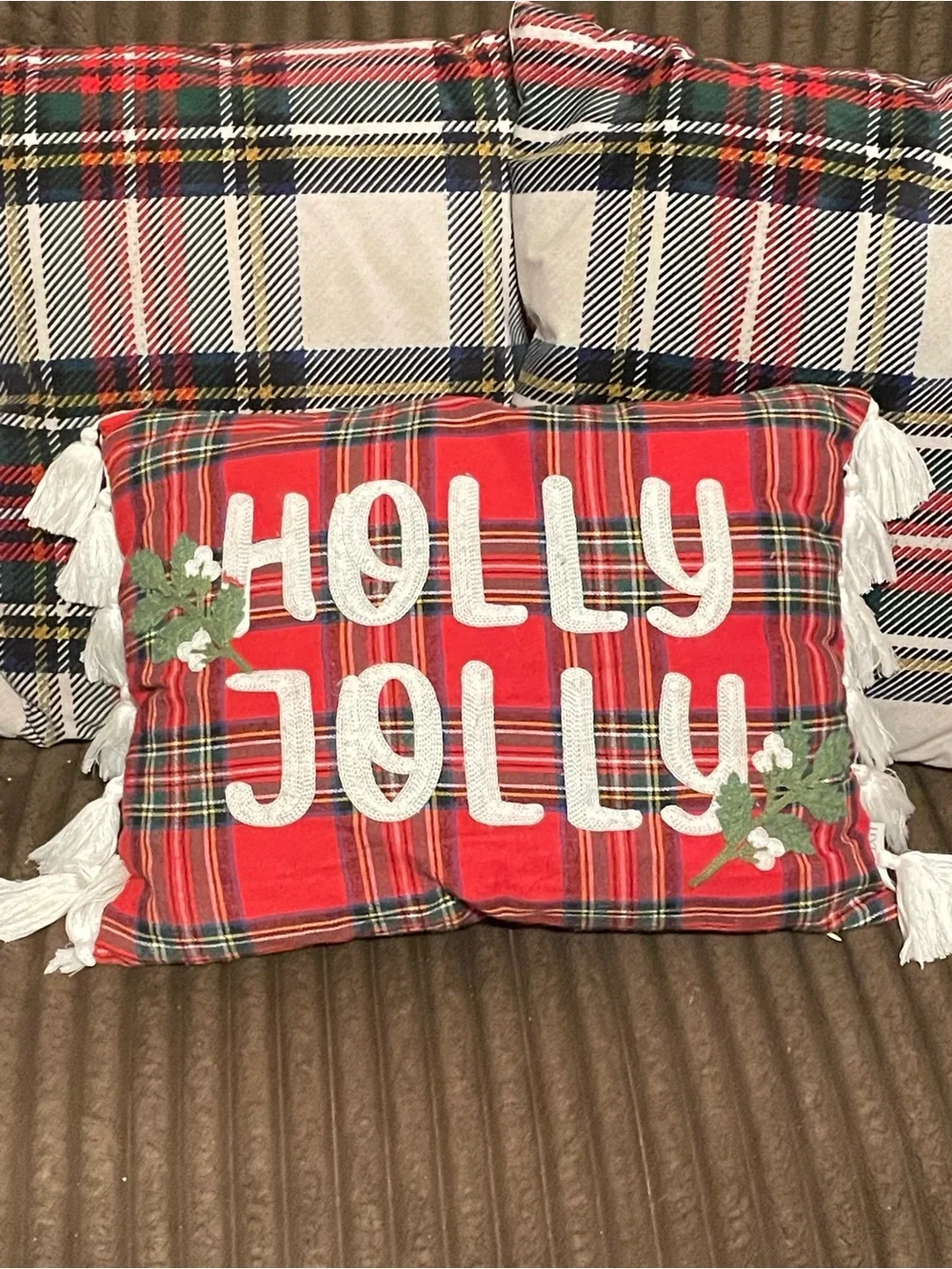 Holly Jolly Red Plaid Holiday Throw Pillow